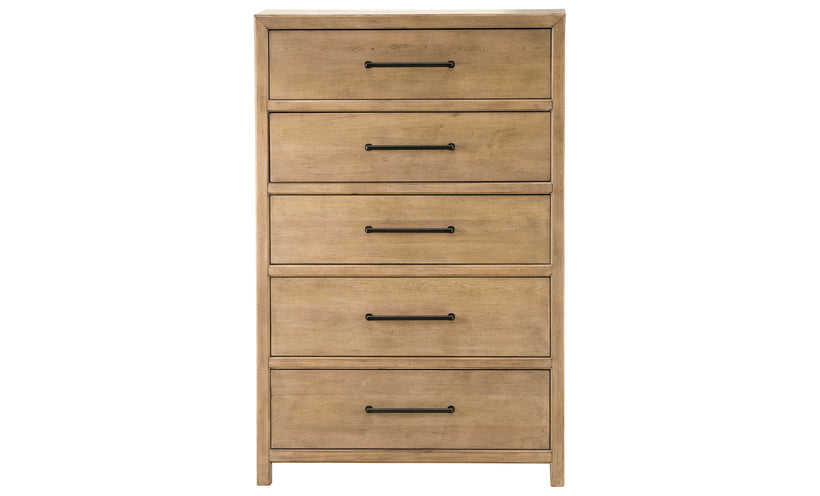Wooden dresser with five drawers on a white background